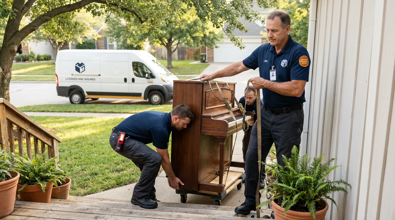 Licensed piano movers securing grand piano in East Islip, NY