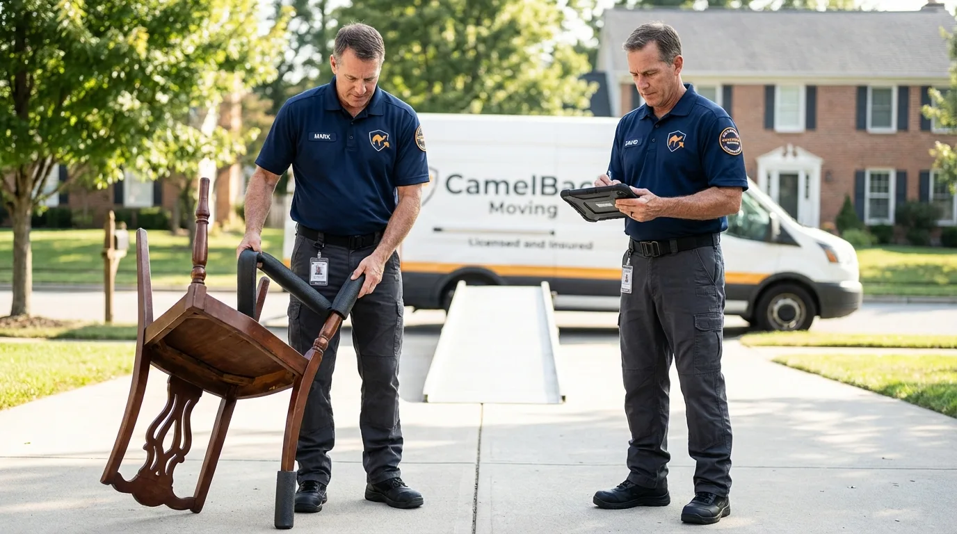 Movers inspecting furniture for damage prevention before loading in East Islip, NY