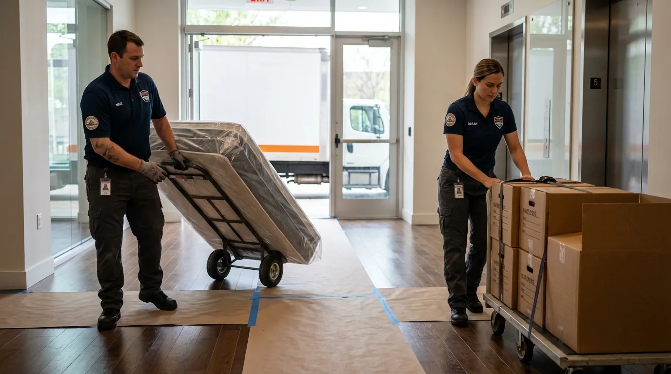 Professional apartment movers loading elevator in East Islip, NY