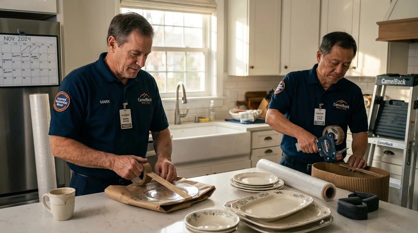 Professional crew packing kitchen dishware in East Islip, NY